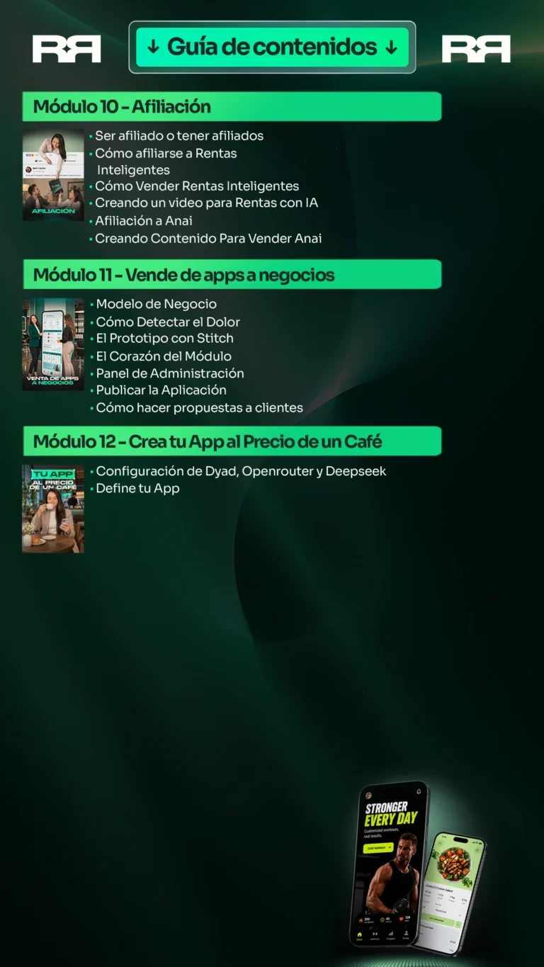 Guía de contenidos de Rentas Inteligentes: módulos 10 a 12 (Afiliación, Vende apps a negocios y Crea tu App al precio de un café)