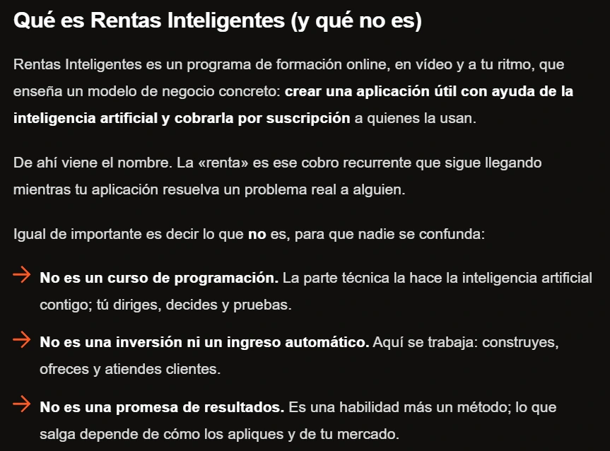 Captura del blog oficial de Melisa Escobar, apartado «Qué es Rentas Inteligentes (y qué no es)», donde se lee «No es una inversión ni un ingreso automático»